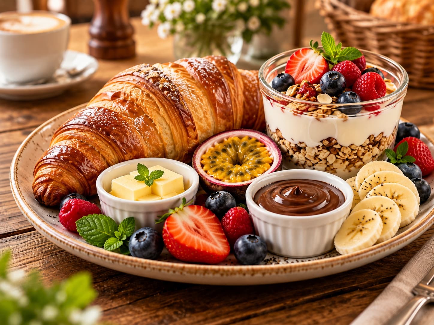 Süßes Frühstück im Café Gusto Erfurt – Croissant, Fruchtjoghurt, Beeren, Banane, Butter, Passionsfrucht, Schokosoße