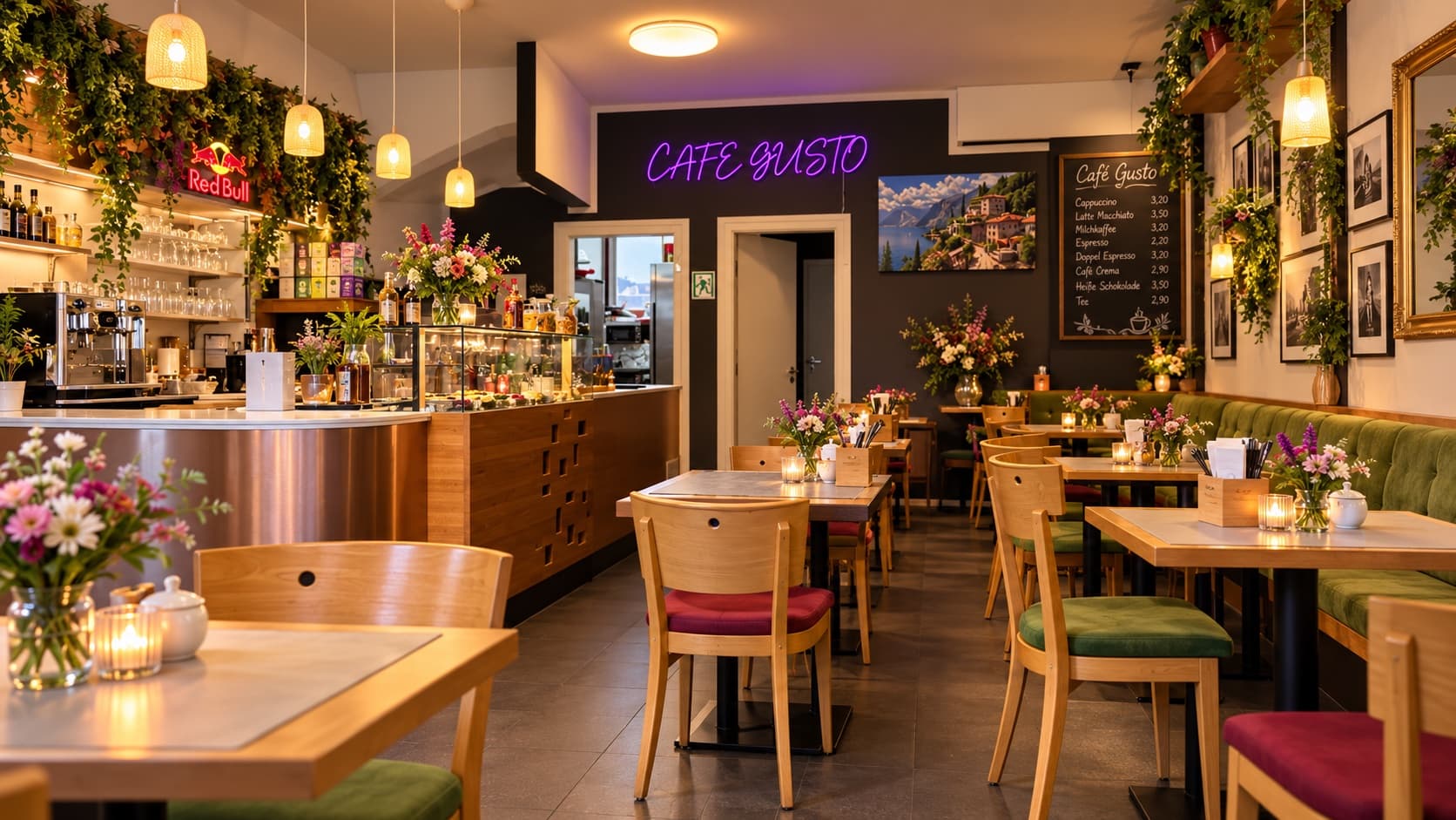 Innenraum von Café Gusto mit Blumen, Pendelleuchten und grünen Samtbänken