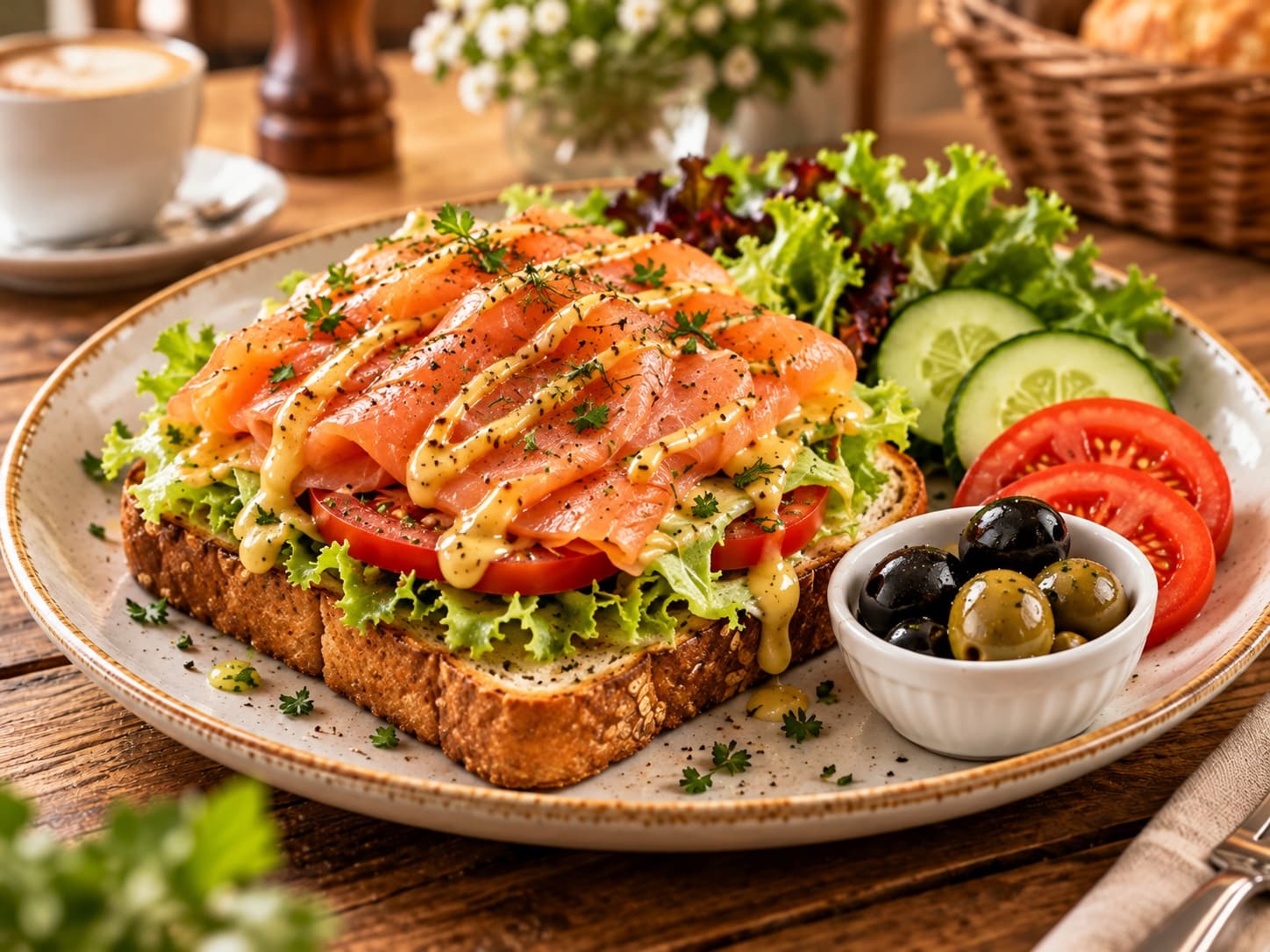 Lachs-Toast im Café Gusto Erfurt – 2 Brioche-Scheiben, Eisberg, Tomaten, Räucherlachs, Honig-Senf-Dressing